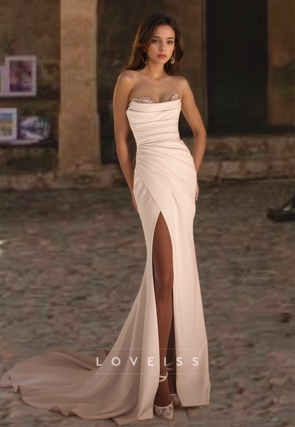 Strapless Sleeveless Pleated Ruched Side Slit Sleek Sheath Beach Wedding Dress