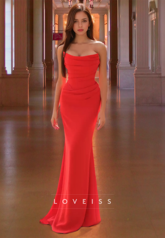 Strapless Sleeveless Ruched Sheath Red Simple Prom Dress