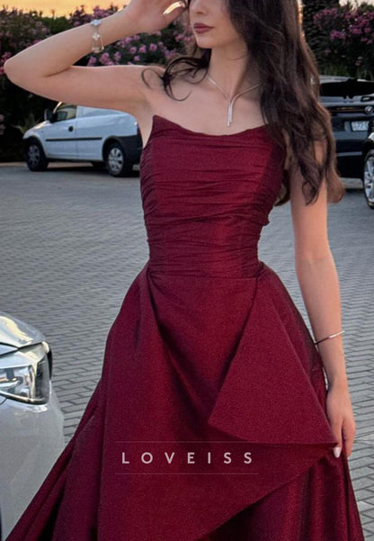 Strapless Sleeveless Satin A-Line Red Prom Dress