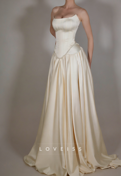 Strapless Sleeveless Satin Corset A-Line Wedding Dress