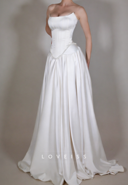 Strapless Sleeveless Satin Corset A-Line Wedding Dress