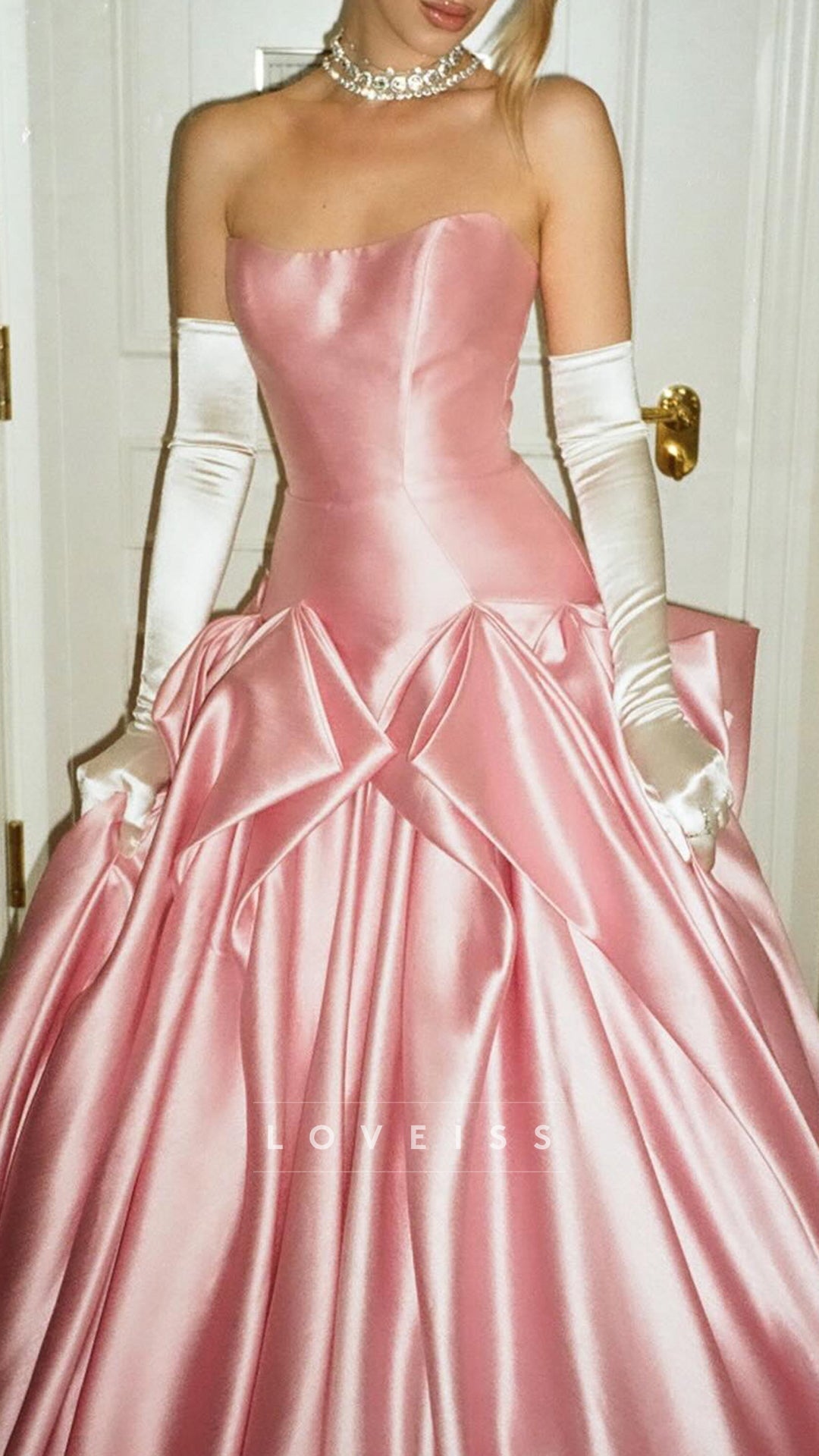 Strapless Sleeveless Satin Pink A-Line Prom Dress