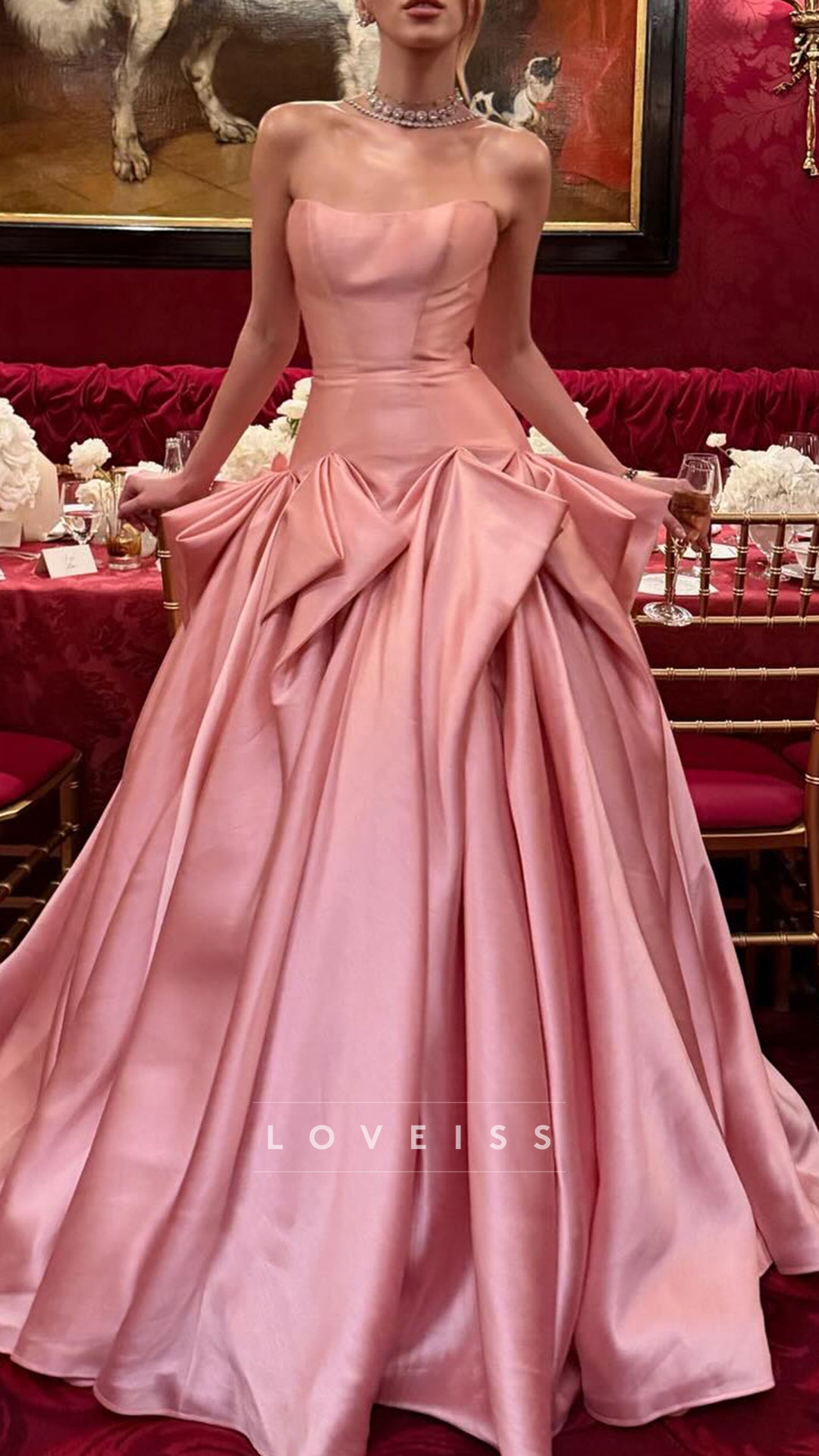 Strapless Sleeveless Satin Pink A-Line Prom Dress