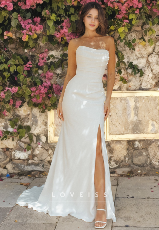 Strapless Sleeveless Side Slit Simple Sheath Beach Wedding Dress