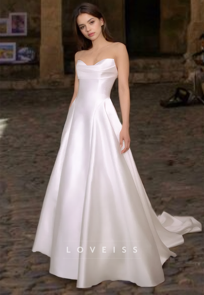 Strapless Sleeveless Sleek Pleated Satin A-Line Wedding Dress