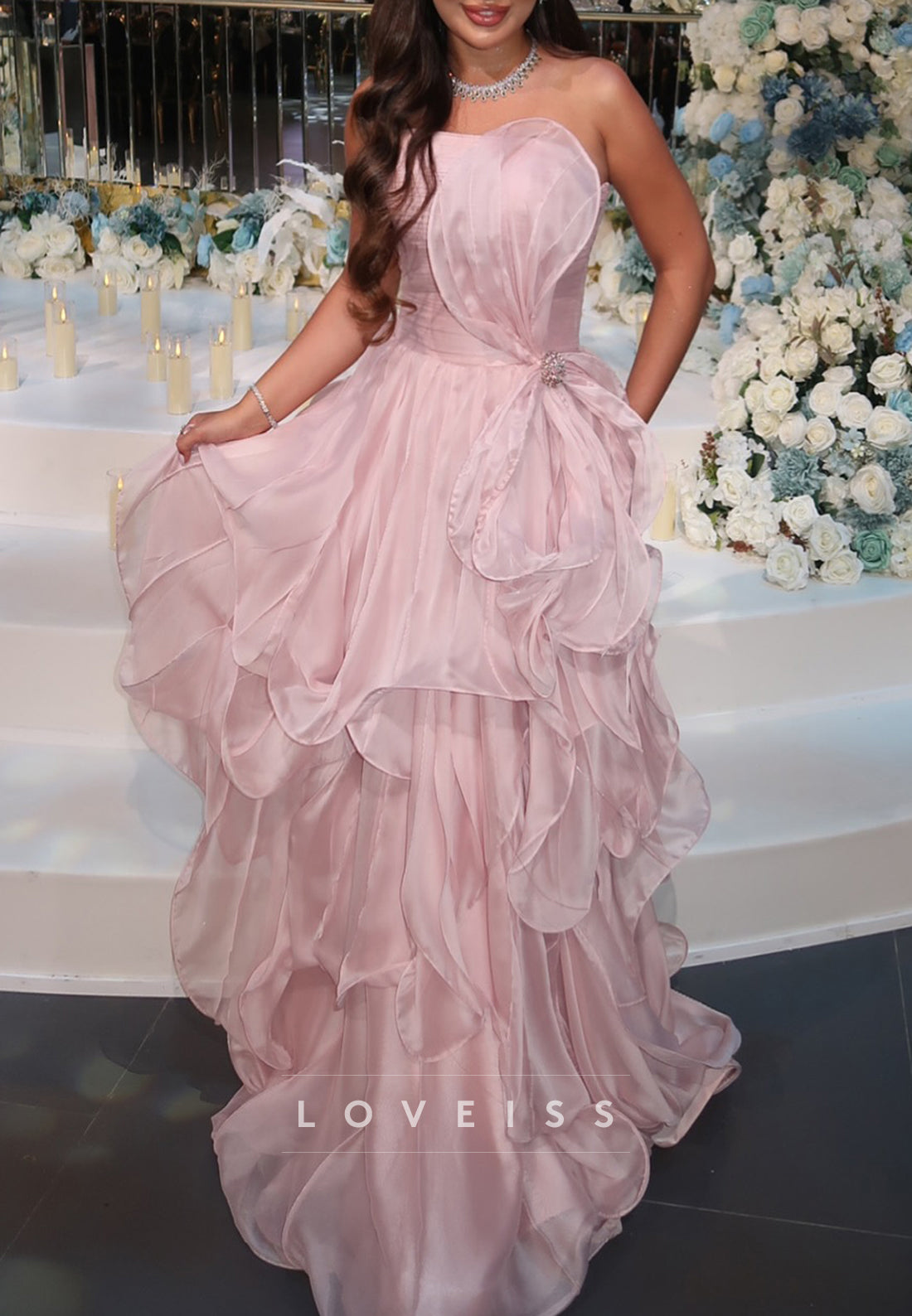 Strapless Sleeveless Tiered A-Line Prom Dress