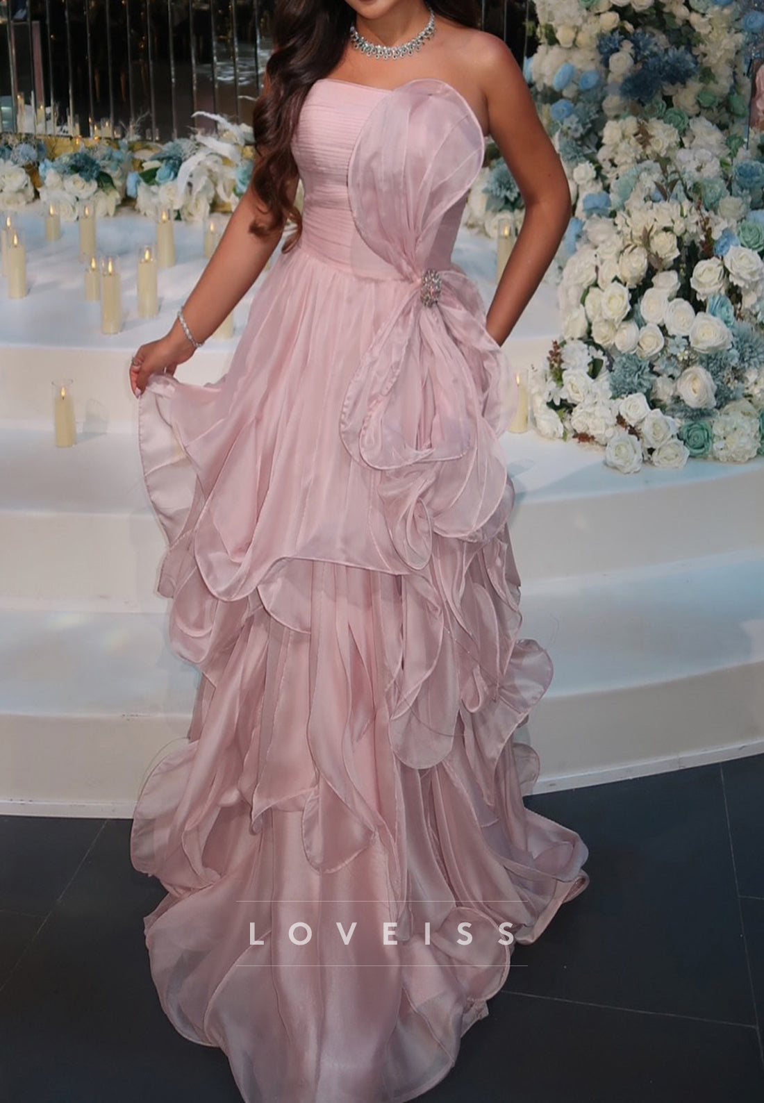 Strapless Sleeveless Tiered A-Line Prom Dress