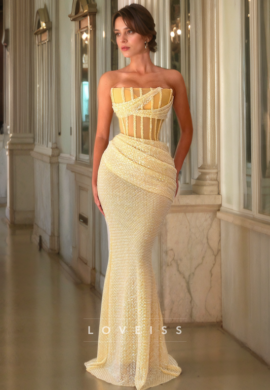 Strapless Straight Across Ruched Mermaid Prom Dress