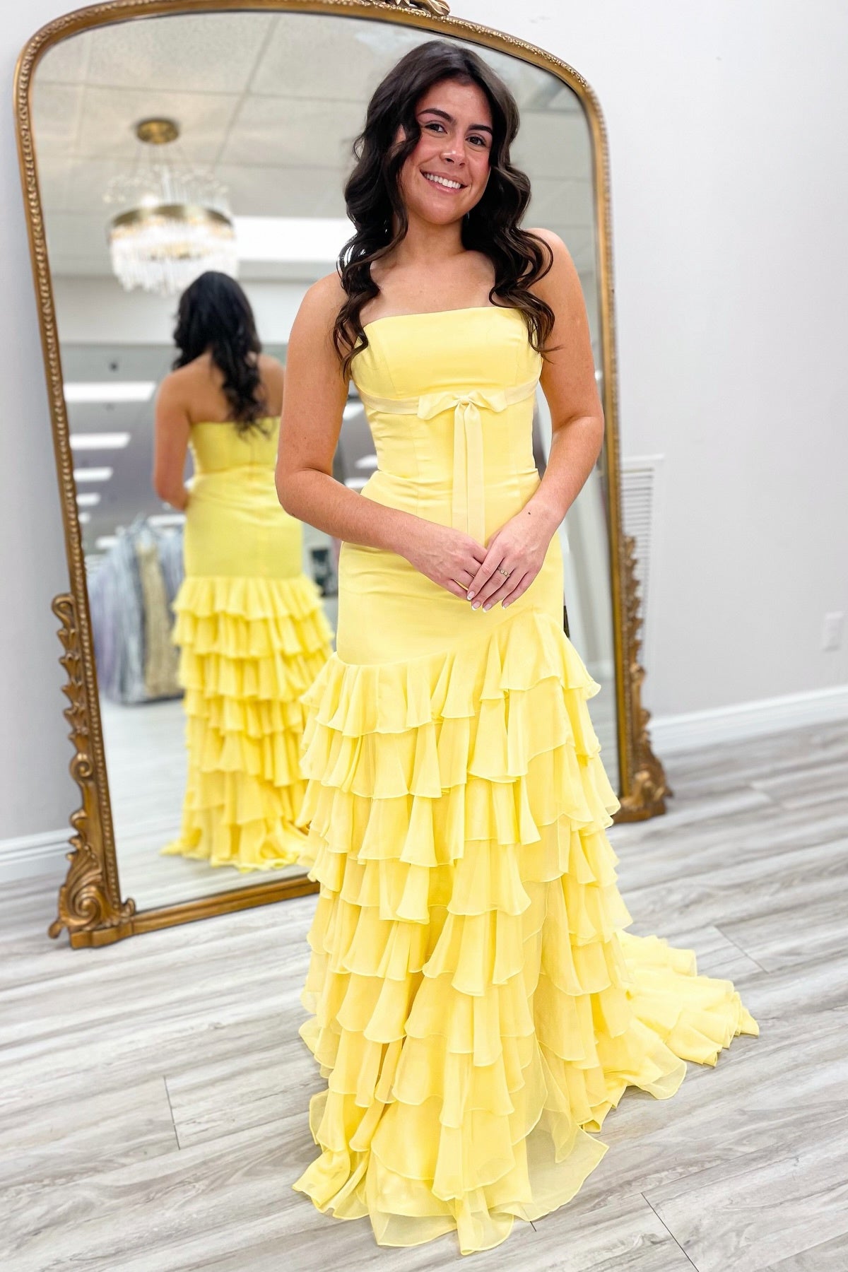 Strapless Yellow Bow Tiered Long Dress with Slit