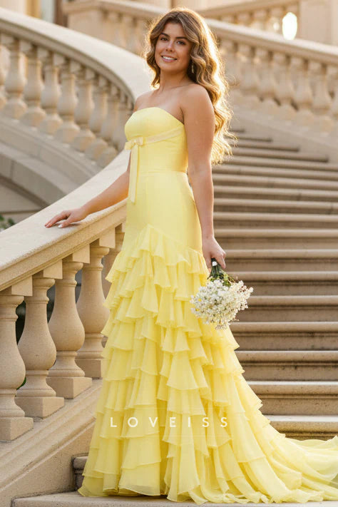 Strapless Yellow Bow Tiered Long Dress with Slit