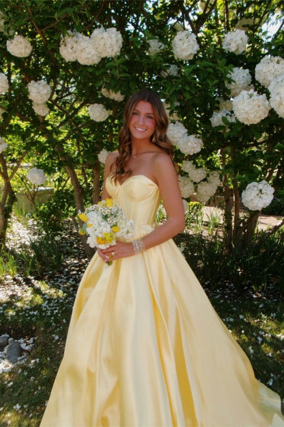 Strapless Yellow Pleated A-line Long Dress
