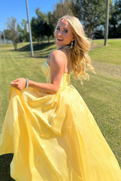 Strapless Yellow Pleated A-line Long Dress
