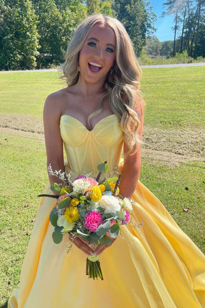 Strapless Yellow Pleated A-line Long Dress