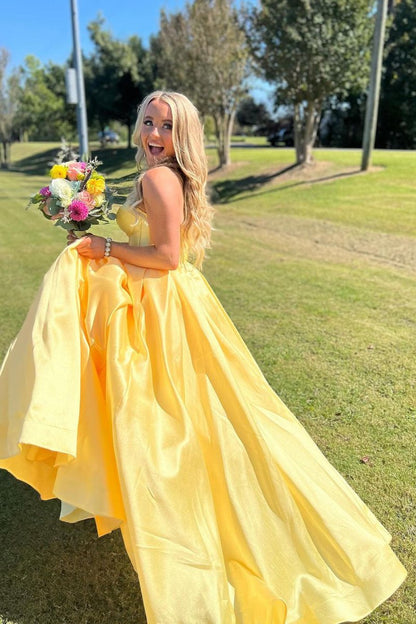 Strapless Yellow Pleated A-line Long Dress