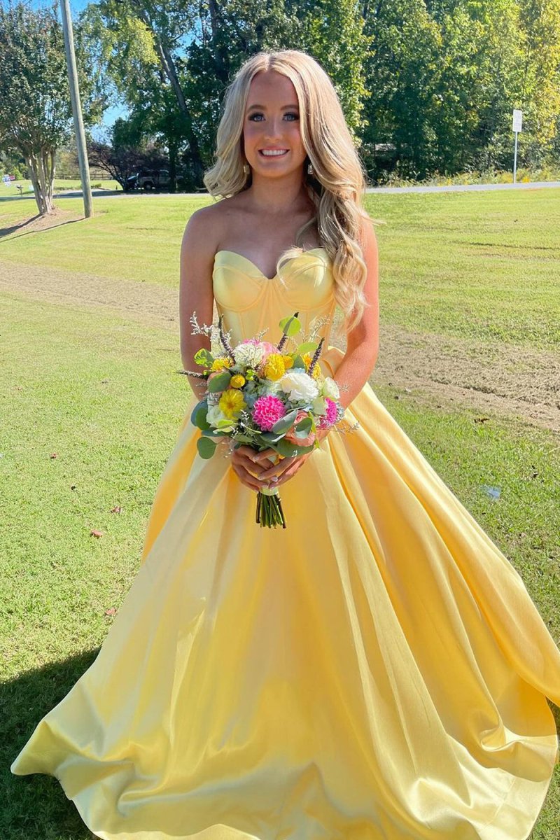 Strapless Yellow Pleated A-line Long Dress