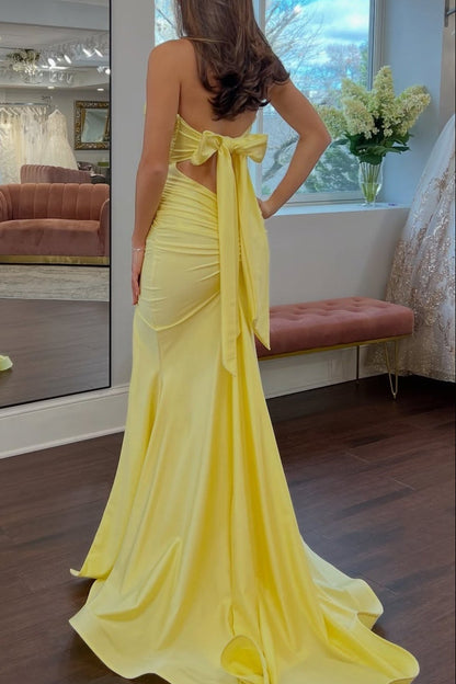Strapless Yellow Ruched Back Tie Long Dress with Slit