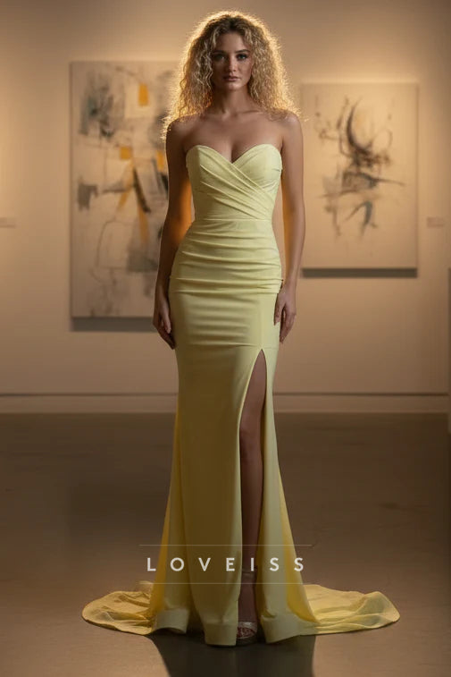 Strapless Yellow Ruched Back Tie Long Dress with Slit