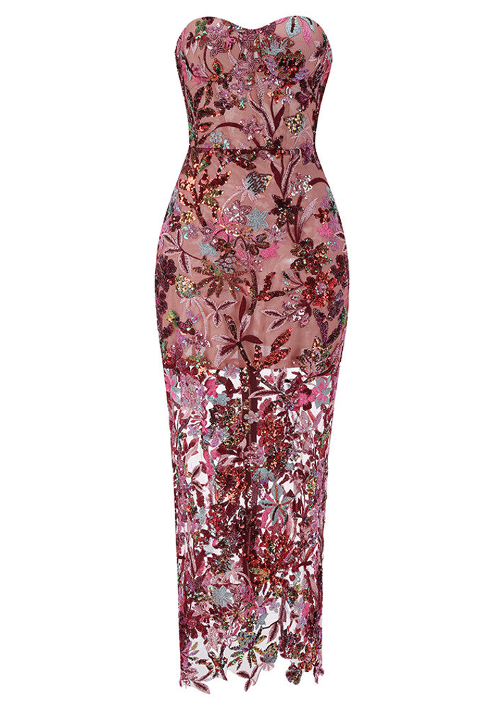 Strapless Floral Bustier Maxi Dress Hot Pink