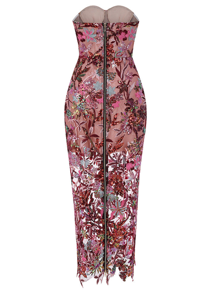 Strapless Floral Bustier Maxi Dress Hot Pink