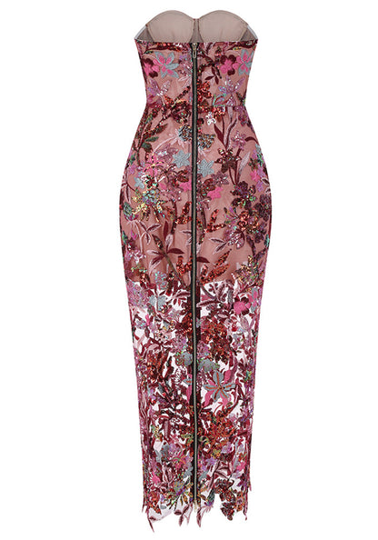 Strapless Floral Bustier Maxi Dress Hot Pink