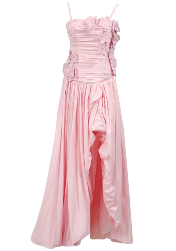 Strapless Floral Ruched Puff Maxi Dress Pink
