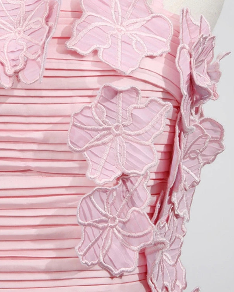 Strapless Floral Ruched Puff Maxi Dress Pink