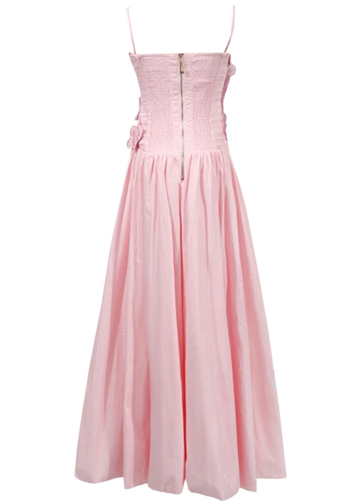 Strapless Floral Ruched Puff Maxi Dress Pink