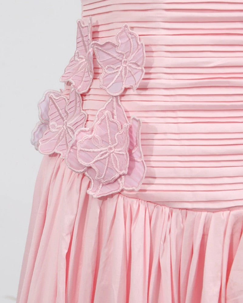 Strapless Floral Ruched Puff Maxi Dress Pink
