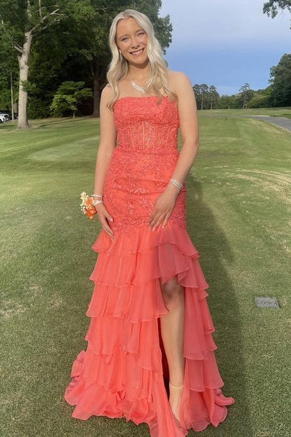 Strapless Mint Appliques Tiered Chiffon Long Dress