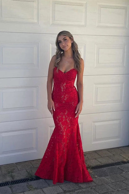 Strapless Red Lace Appliques Mermaid Long Dress