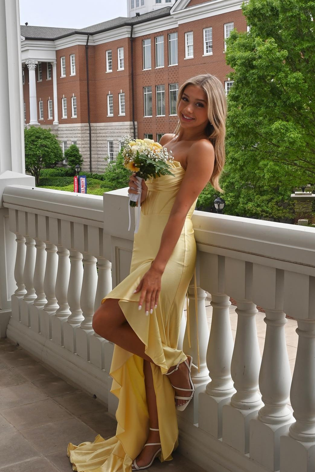 Strapless Yellow Ruffled Hem Long Dress with Slit