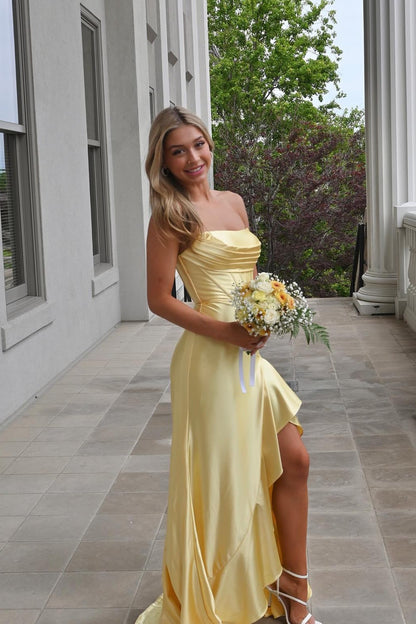 Strapless Yellow Ruffled Hem Long Dress with Slit