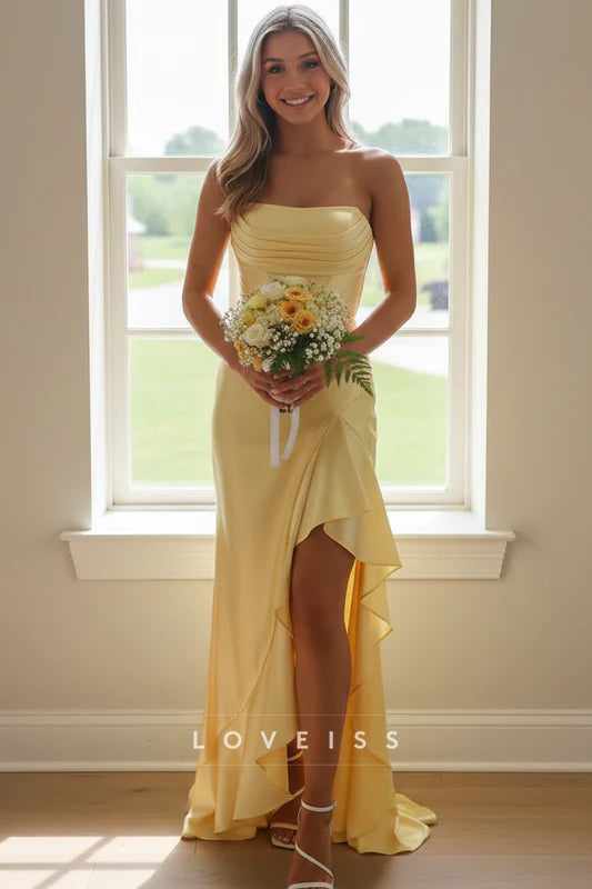 Strapless Yellow Ruffled Hem Long Dress with Slit