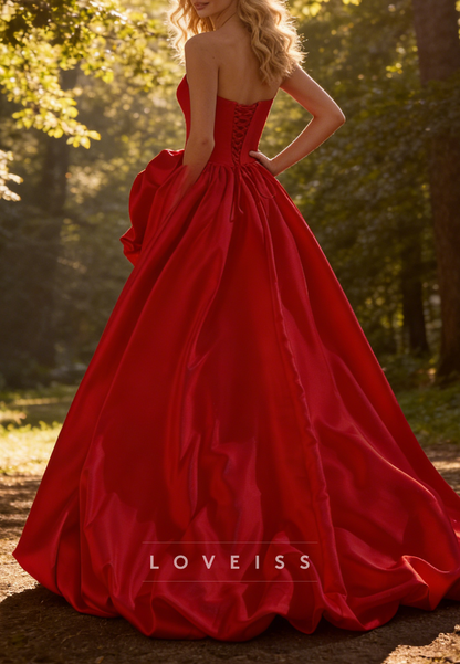 Strapless Sleeveless Floral Embellished A-Line Red Prom Dress