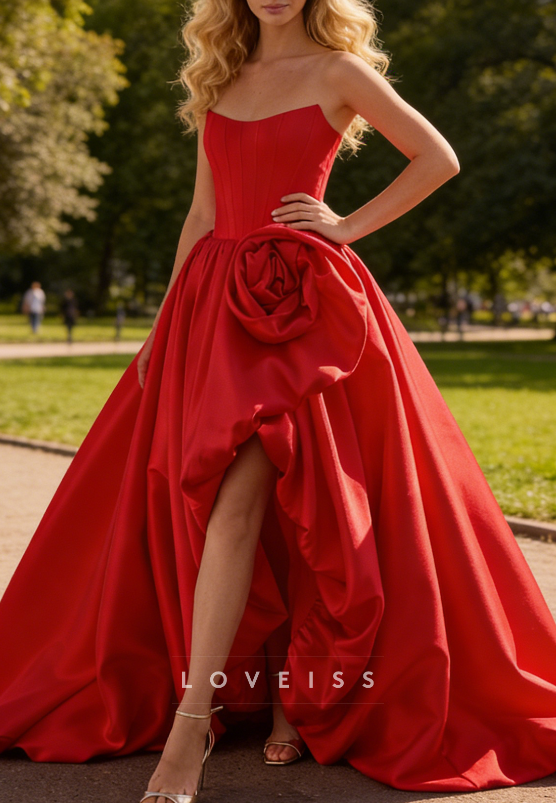 Strapless Sleeveless Floral Embellished A-Line Red Prom Dress