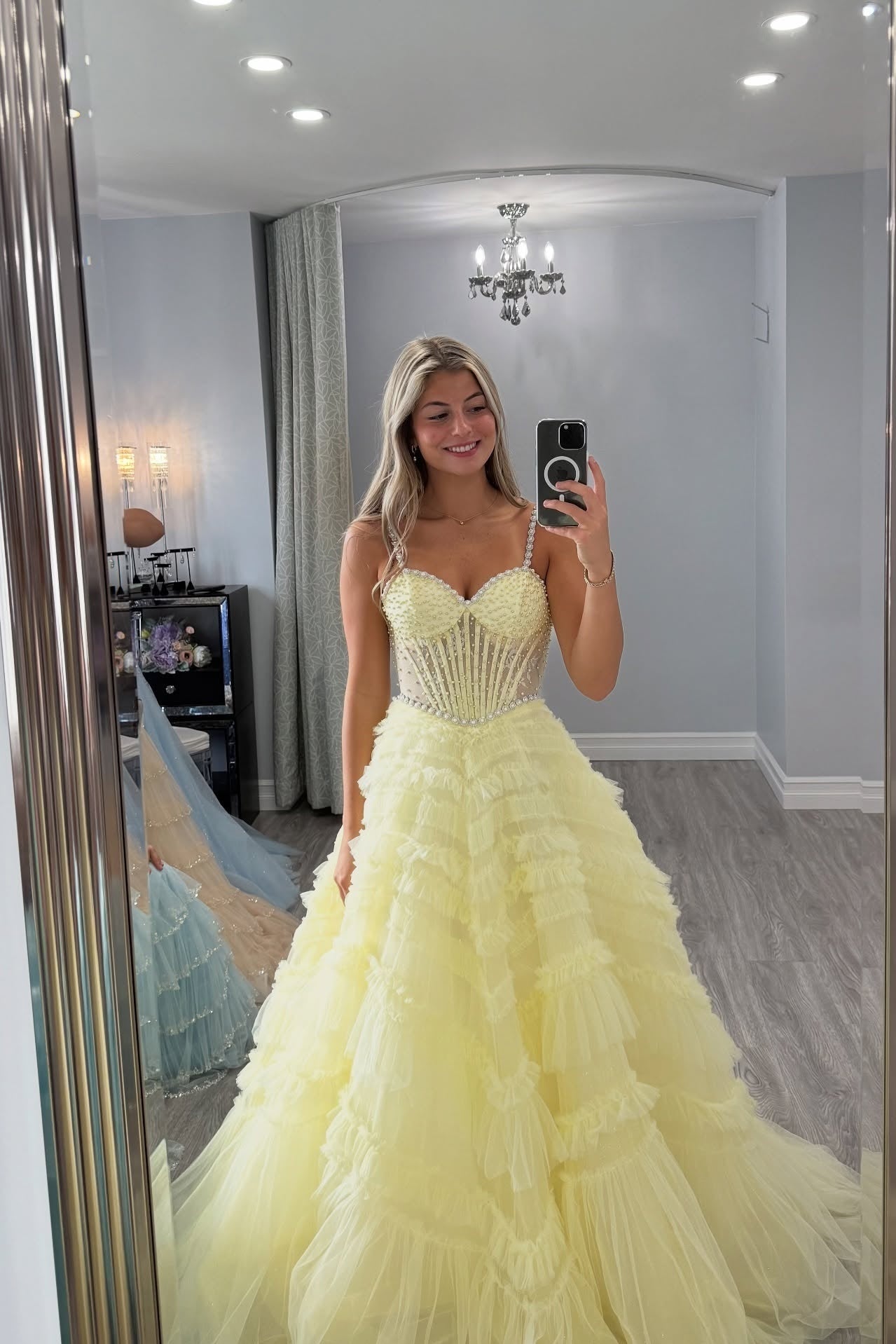 Straps Yellow Beaded Ruffled Long Dress with Pearls