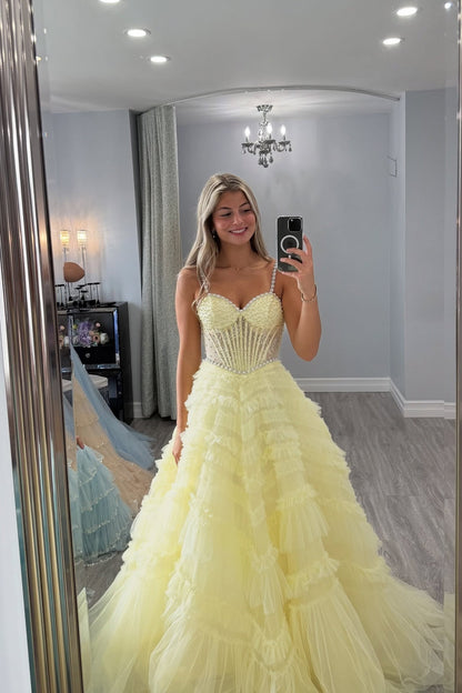Straps Yellow Beaded Ruffled Long Dress with Pearls