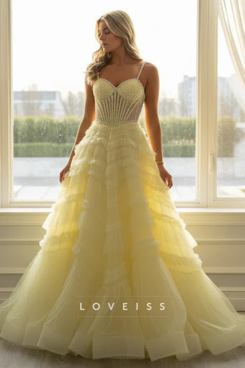 Straps Yellow Beaded Ruffled Long Dress with Pearls