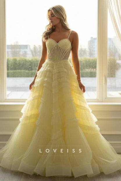 Straps Yellow Beaded Ruffled Long Dress with Pearls