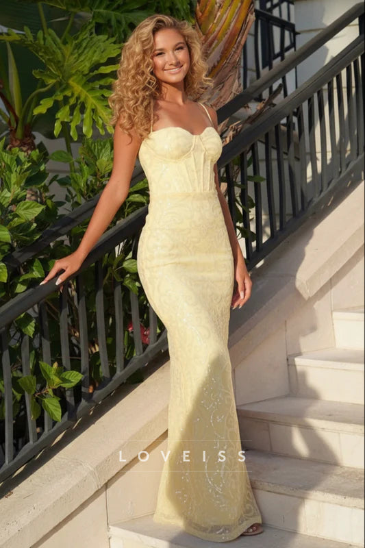Straps Yellow Sequin Appliques Fitted Long Dress