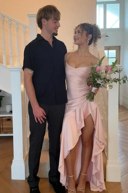 Stylish A Line Spaghetti Straps Pink Long Prom Dress with Ruffles