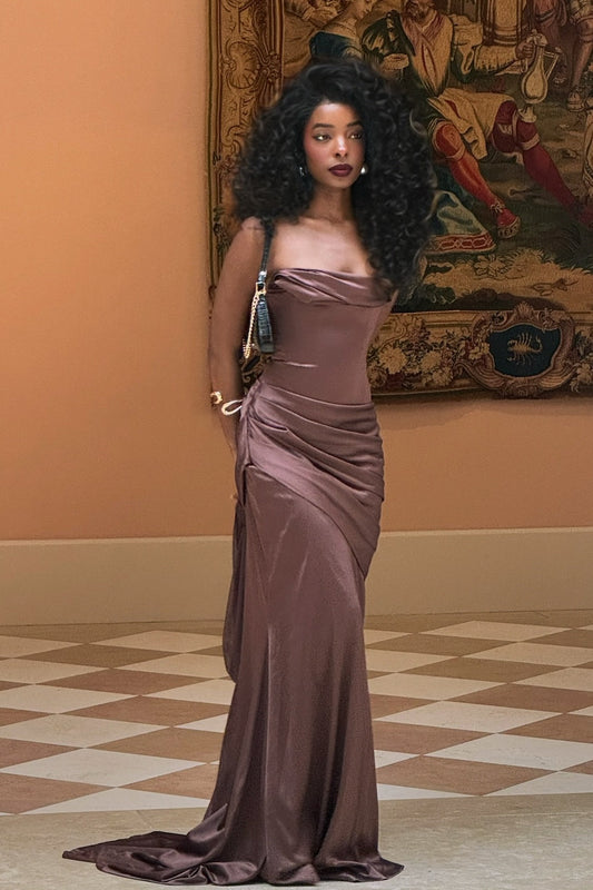Stylish Mermaid Strapless Brown Long Party Dress with Ruched