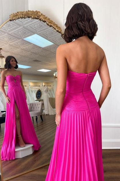 Stylish Sheath Sweetheart Long Pleated Satin Prom Dress with Slit