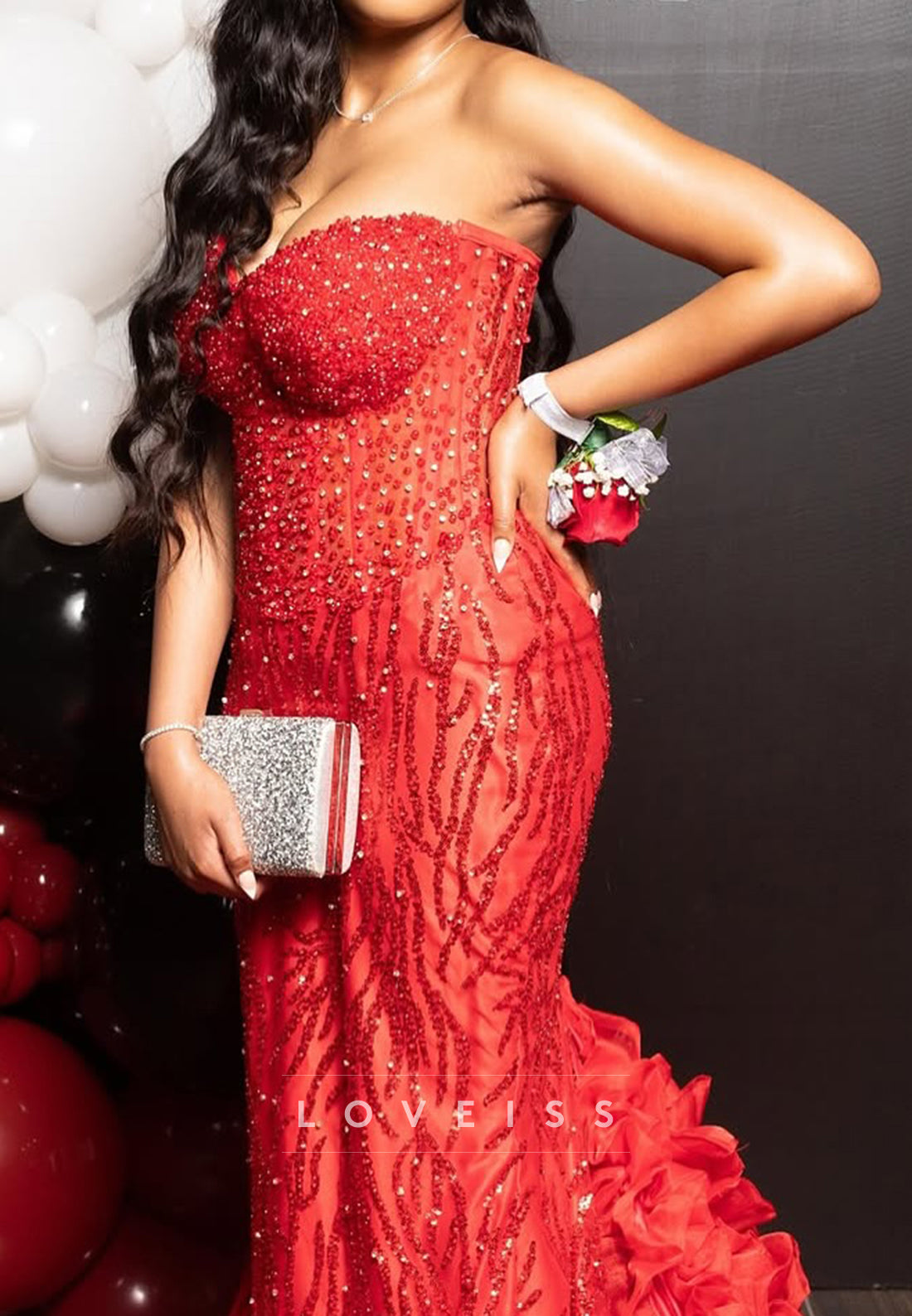 Sweetheart Beaded Embroidery Sparkly Mermaid Prom Dress for Black Girls