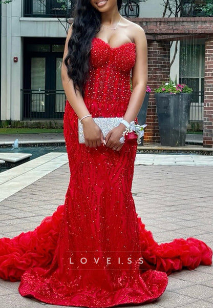 Sweetheart Beaded Embroidery Sparkly Mermaid Prom Dress for Black Girls