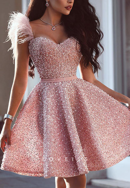 Sweetheart A-Line Pleated Pearl Beaded Short Homecoming Dress