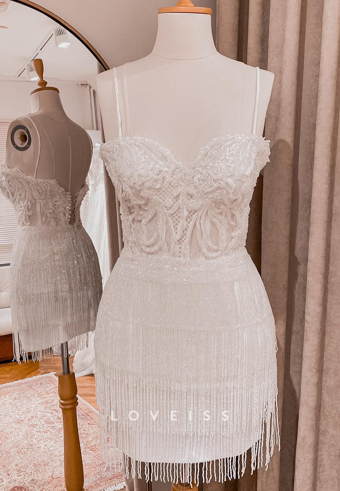 Sweetheart Appliques Beaded Finge Sheath Short Wedding Dress