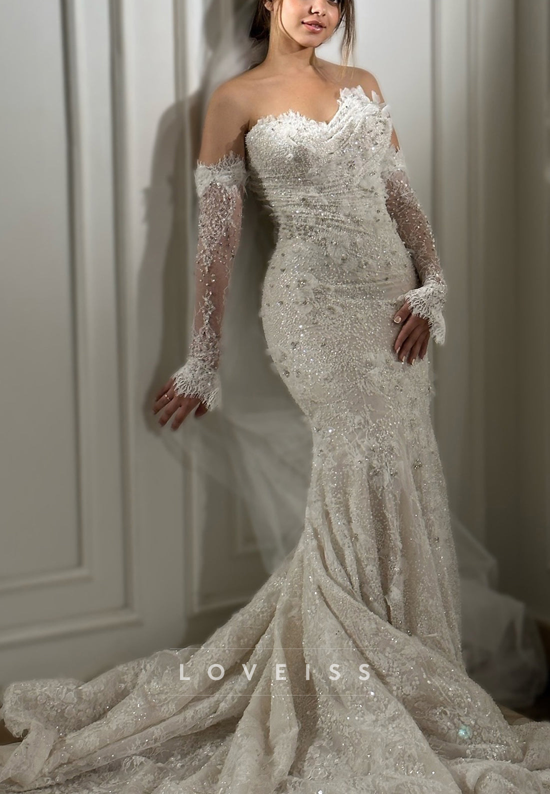 Sweetheart Appliques Beaded Lace Mermaid Wedding Dress