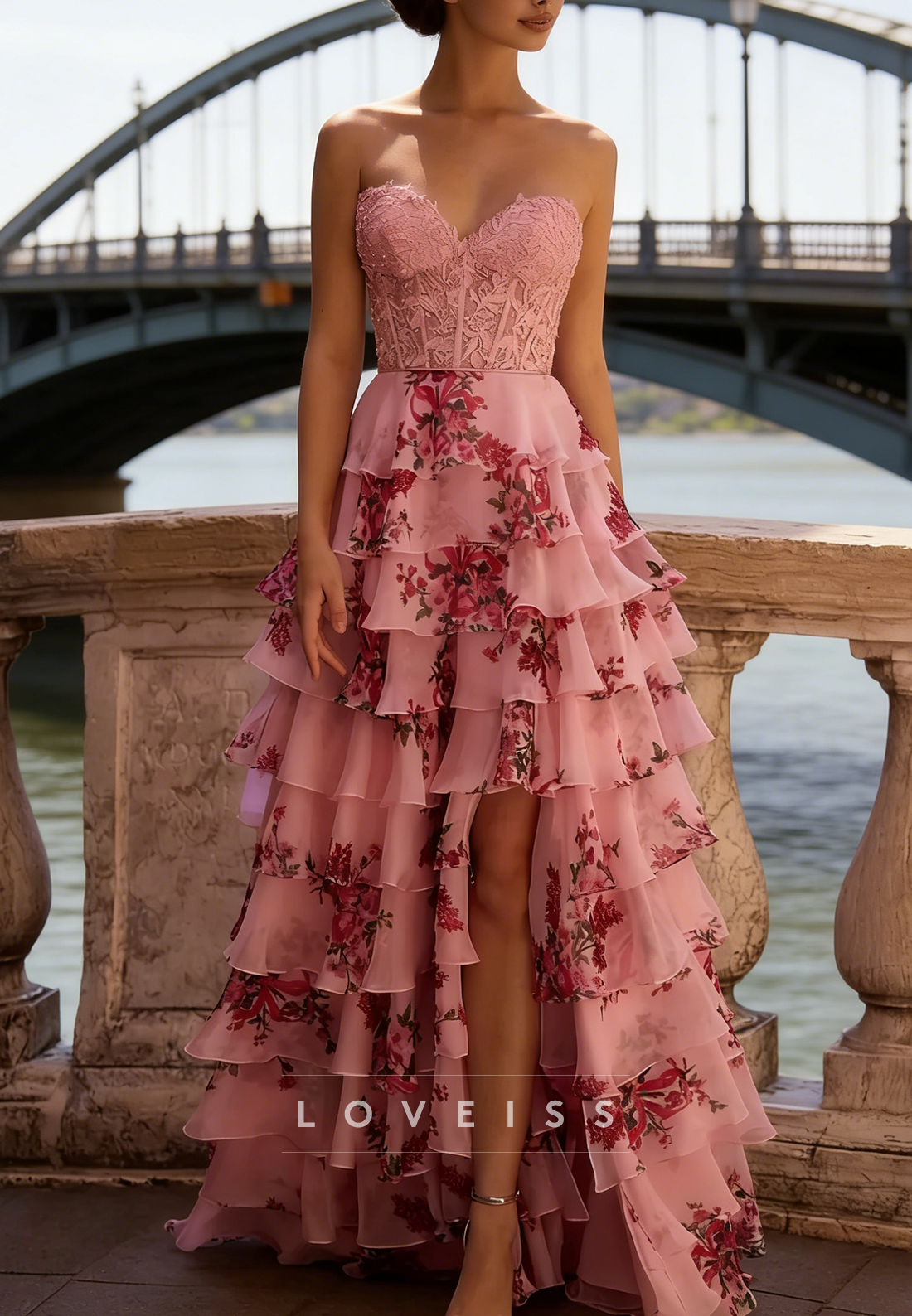 Sweetheart Appliques Floral Printed Chiffon A-Line Prom Dress