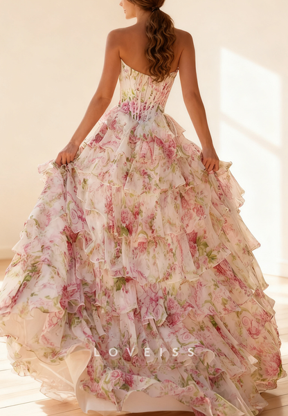 Sweetheart Appliques Floral Printed Chiffon Prom Dress